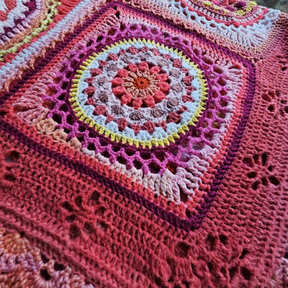 Handmade Crochet Boho Poncho in Orange, Pink, Yellow - Picture 5 of 13